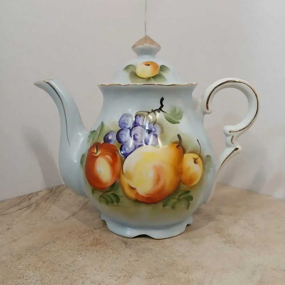 Vintage Porcelain Teapot Hand Painted Fruit Motif Gold Trim Mid Century